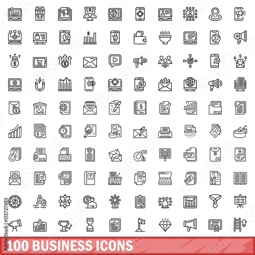 100 business icons set. Outline illustration of 100 business icons vector set isolated on white background