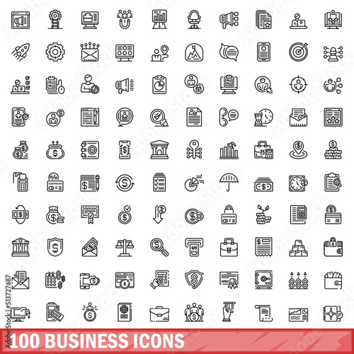 100 business icons set. Outline illustration of 100 business icons vector set isolated on white background