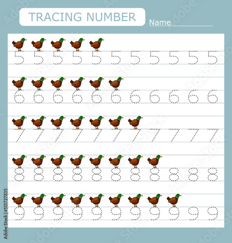 Practicing motor skills - tracing dashed lines with ducks. Numbers 5-9.   © Виталий Сова