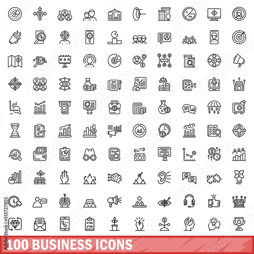 100 business icons set. Outline illustration of 100 business icons vector set isolated on white background