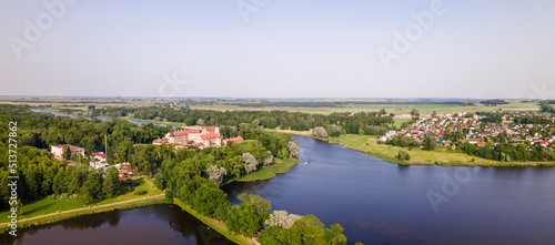 Aerial view of Nesvizh Castle, Belarus. Medieval castle and palace. Restored medieval fortress. Heritage concepts. © kalyanby