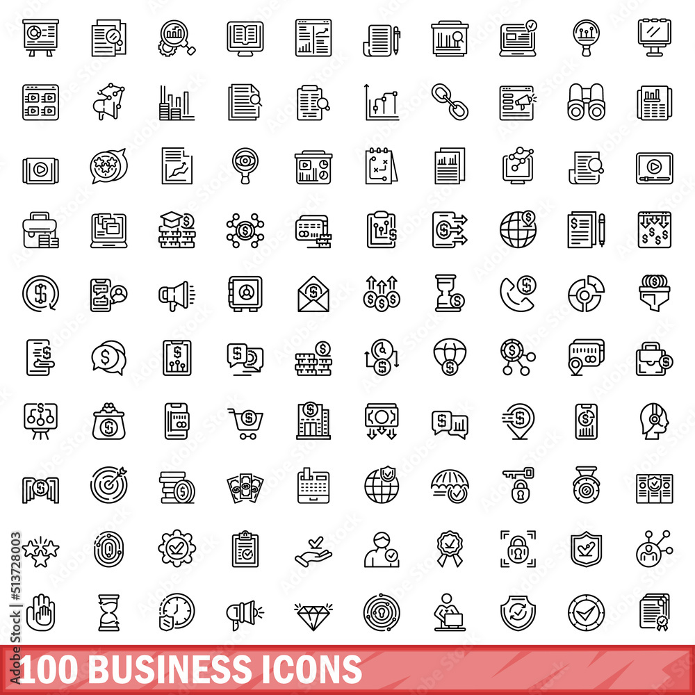 100 business icons set. Outline illustration of 100 business icons vector set isolated on white background 100 business icons set. Outline illustration of 100 business icons vector set isolated on white background