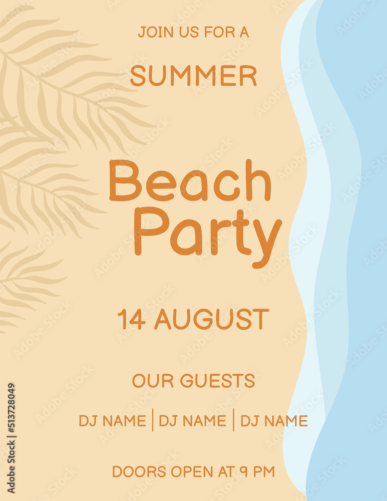 Beach party poster template. Top view on beach sand, palm leaves and sea waves. Template for banner, flyer, invitation and poster.