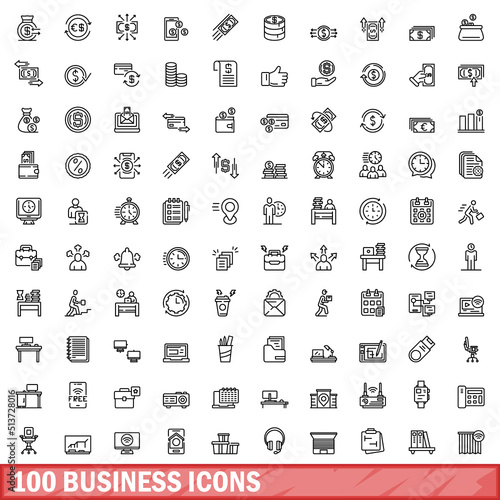 100 business icons set. Outline illustration of 100 business icons vector set isolated on white background