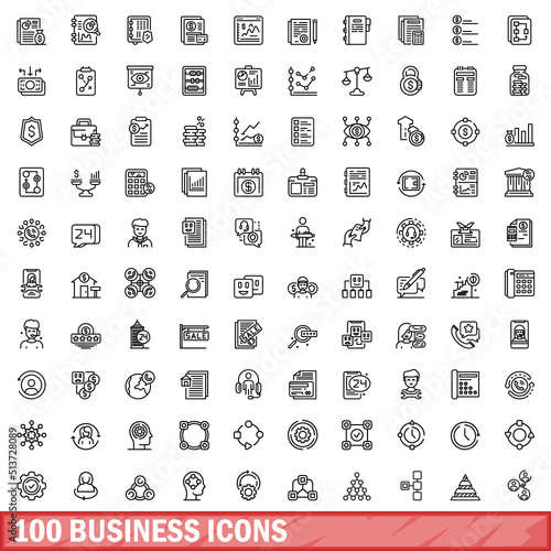 100 business icons set. Outline illustration of 100 business icons vector set isolated on white background