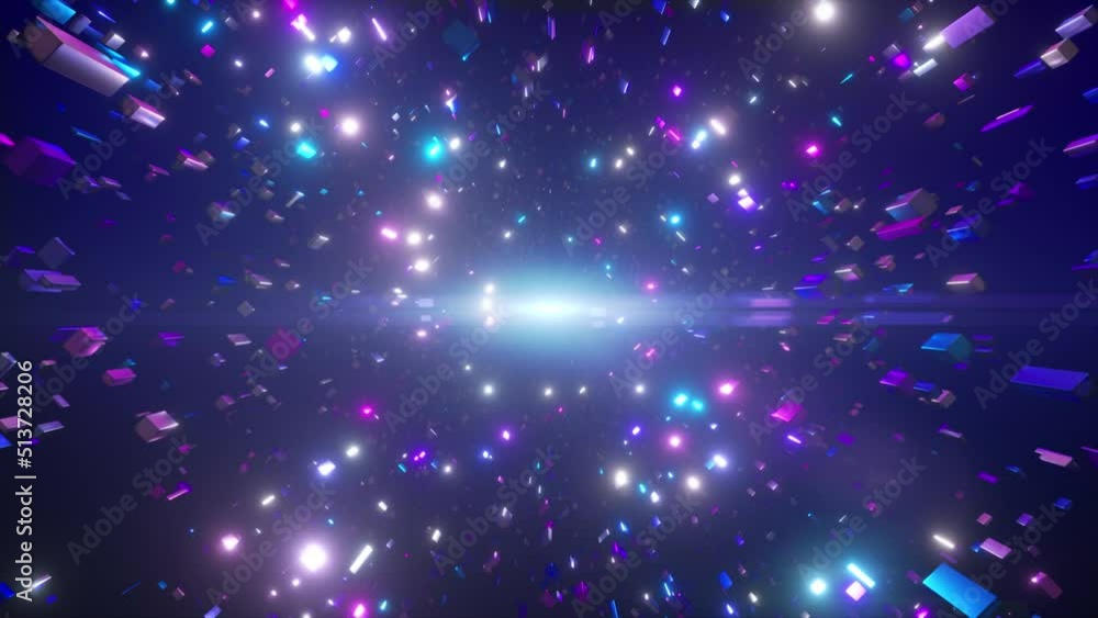 Abstract three-dimensional space. Different cubes in move in space. Moving background. Seamless Loop 4K animation