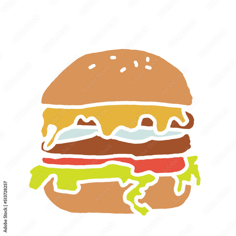 Tasty juicy hamburger for fast food lunch or outdoor picnic. Junk food sandwich with meat in cafe menu or restaurant kitchen. Silhouette colorful illustration. Comics cartoon style drawing. Tasty juicy hamburger for fast food lunch or outdoor picnic. Junk food sandwich with meat in cafe menu or restaurant kitchen. Silhouette colorful illustration. Comics cartoon style drawing.