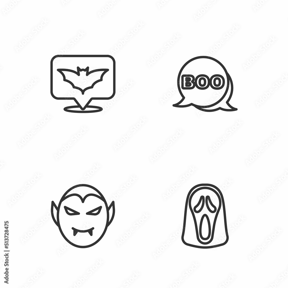 Set line Funny and scary ghost mask, Vampire, Flying bat and Boo speech bubble icon. Vector Set line Funny and scary ghost mask, Vampire, Flying bat and Boo speech bubble icon. Vector