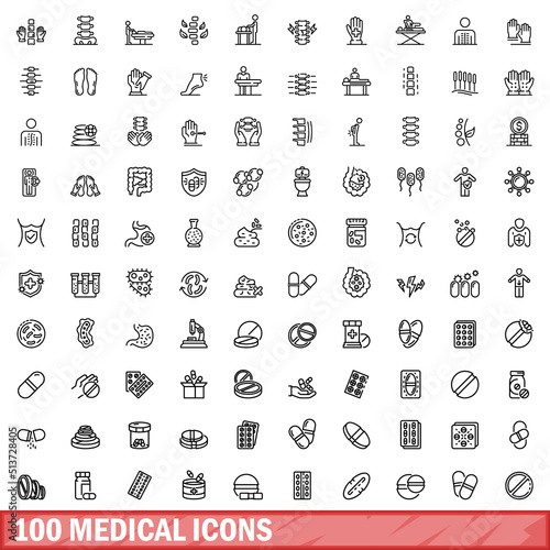100 medical icons set. Outline illustration of 100 medical icons vector set isolated on white background