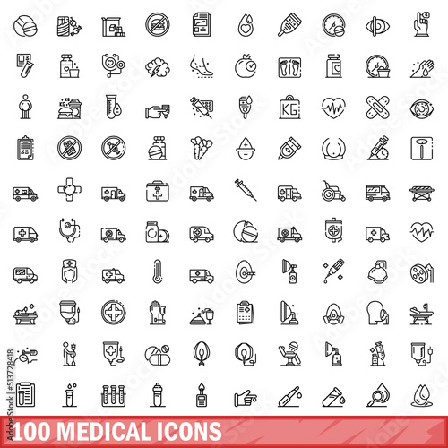 100 medical icons set. Outline illustration of 100 medical icons vector set isolated on white background