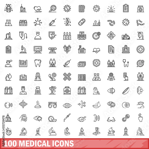100 medical icons set. Outline illustration of 100 medical icons vector set isolated on white background