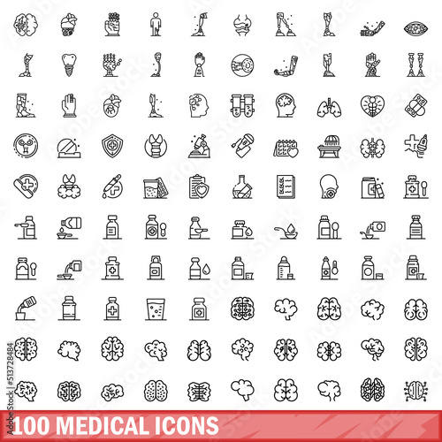 100 medical icons set. Outline illustration of 100 medical icons vector set isolated on white background