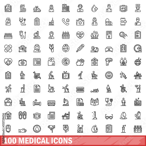 100 medical icons set. Outline illustration of 100 medical icons vector set isolated on white background