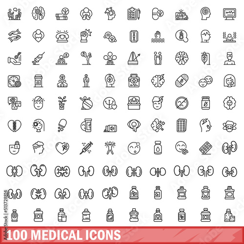 100 medical icons set. Outline illustration of 100 medical icons vector set isolated on white background