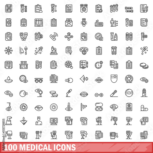 100 medical icons set. Outline illustration of 100 medical icons vector set isolated on white background