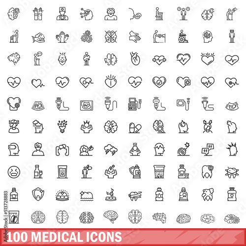 100 medical icons set. Outline illustration of 100 medical icons vector set isolated on white background