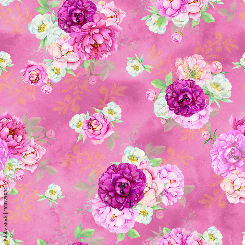Fototapeta flowers on pink background seamless pattern for printing on fabric