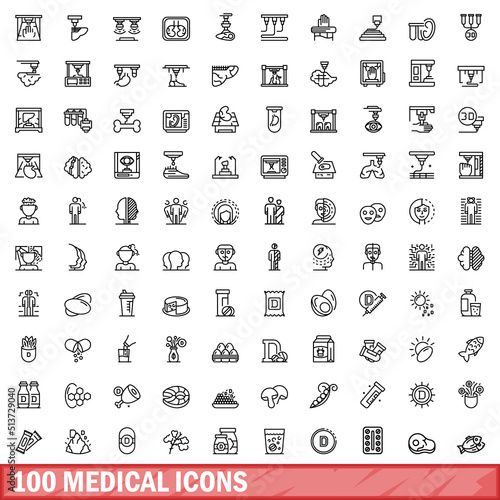 100 medical icons set. Outline illustration of 100 medical icons vector set isolated on white background