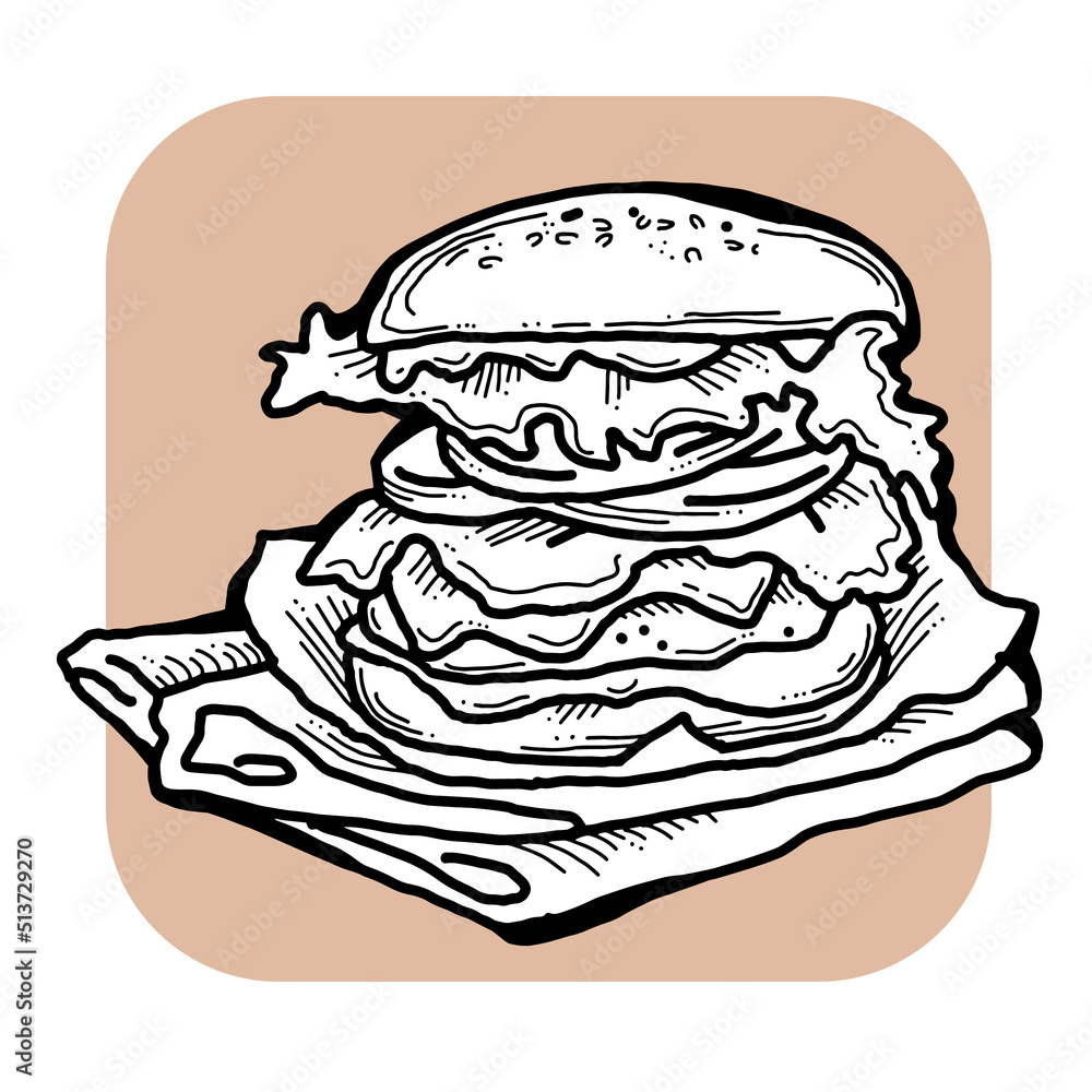 Tasty juicy hamburger for fast food lunch, outdoor picnic. Junk food sandwich with meat in cafe menu, restaurant kitchen. Hand drawn retro vintage colourful illustration. Comics cartoon style drawing. Tasty juicy hamburger for fast food lunch, outdoor picnic. Junk food sandwich with meat in cafe menu, restaurant kitchen. Hand drawn retro vintage colourful illustration. Comics cartoon style drawing.