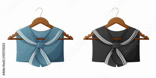 Sailor collar on a hanger in classic blue and black with stripes. Marine clothes and uniforms. Vector illustration, nautical style. Concept of journey, sea travel and work, marine trip.