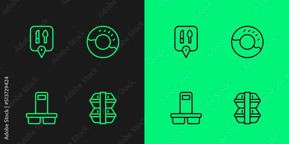 Set line Lunch box, Coffee cup to go, Cafe and restaurant location and Donut icon. Vector Set line Lunch box, Coffee cup to go, Cafe and restaurant location and Donut icon. Vector