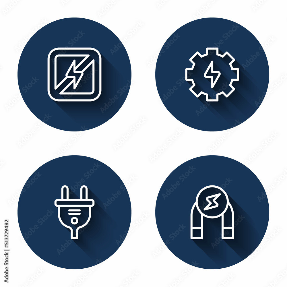 Set line No lightning, Gear and, Electric plug and Magnet with long shadow. Blue circle button. Vector