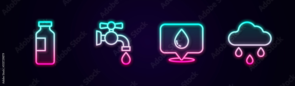 Set line Bottle of water, Water tap, drop with location and Cloud rain. Glowing neon icon. Vector Set line Bottle of water, Water tap, drop with location and Cloud rain. Glowing neon icon. Vector