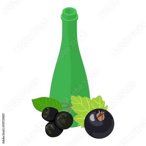 Berry beverage icon isometric vector. Glass bottle, black currant and chokeberry. Natural ingredient, berry tincture