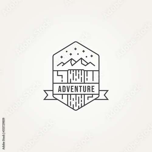 minimalist outdoor adventure line art icon logo template vector illustration design. simple landscape mountain and waterfall in the night view logo concept