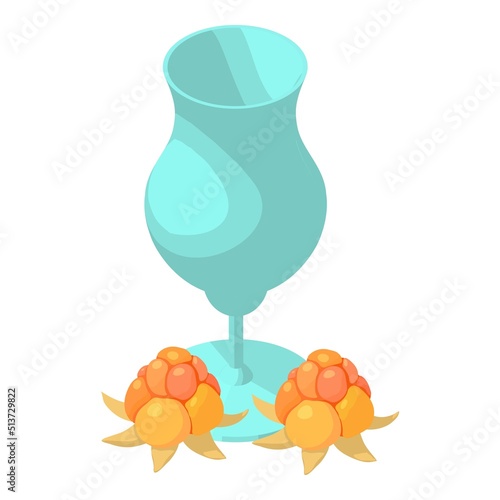 Cloudberry drink icon isometric vector. Stemmed glass and juicy cloudberry icon. Natural ingredient, healthy food, vegan drink photo