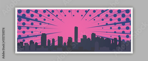 Comic cityscape. Retro urban silhouette of city buildings for art book comics with light effects vector scene super hero dramatic skyline background
