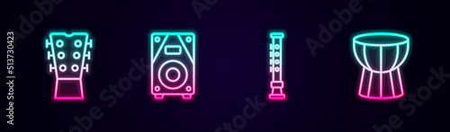Set line Guitar neck, Stereo speaker, Flute and African darbuka drum. Glowing neon icon. Vector