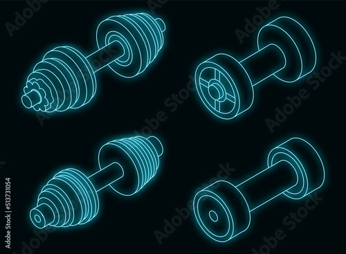 Dumbell icons set. Isometric set of dumbell vector icons neon on black