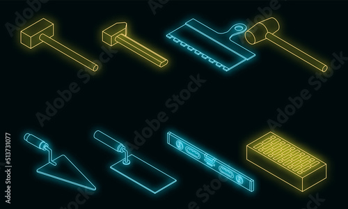 Masonry worker icons set. Isometric set of masonry worker vector icons neon on black