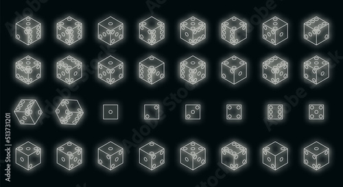 Dice icons set. Isometric set of dice vector icons neon on black
