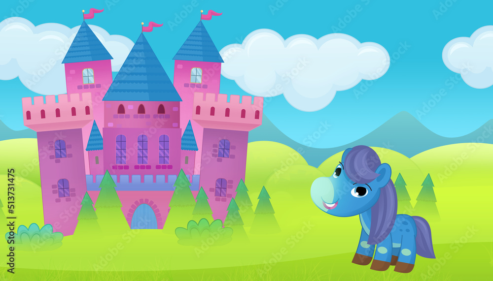 cartoon magical horse near fairy tale castle illustration