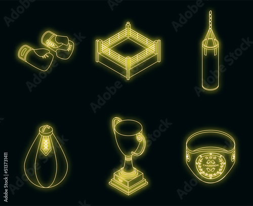 Boxing icons set. Isometric set of boxing vector icons neon on black