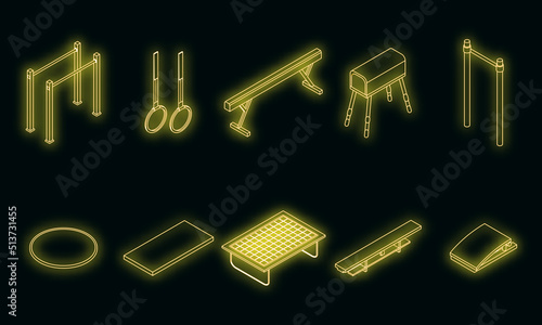 Gymnastics equipment icons set. Isometric set of gymnastics equipment vector icons neon on black
