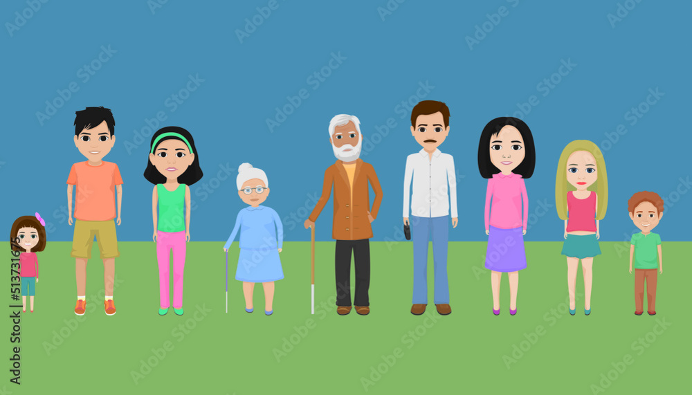 grandfather, grandmother; father, mother; extended family consisting of an older brother, sister, younger sister, aunt and grandchild