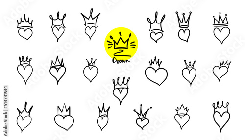 Hand drawn crowned hearts. Doodle princess, king and queen crown on heart, sketch love crowns. Wedding card logo, doodle hearts in crowns. Isolated vector symbols illustration set