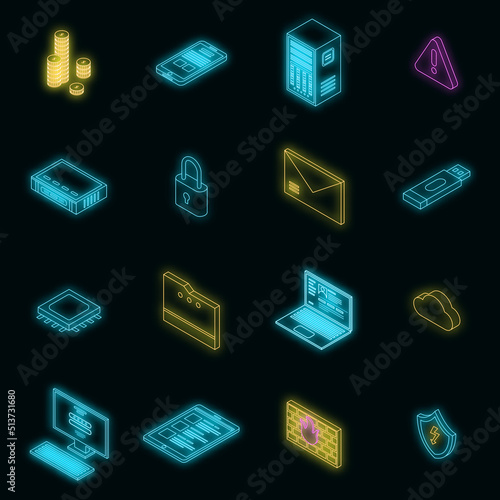 Firewall security icons set. Isometric set of firewall security vector icons neon on black photo