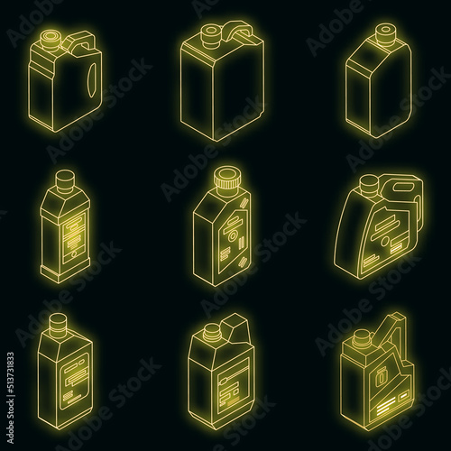 Motor oil icons set. Isometric set of motor oil vector icons neon on black