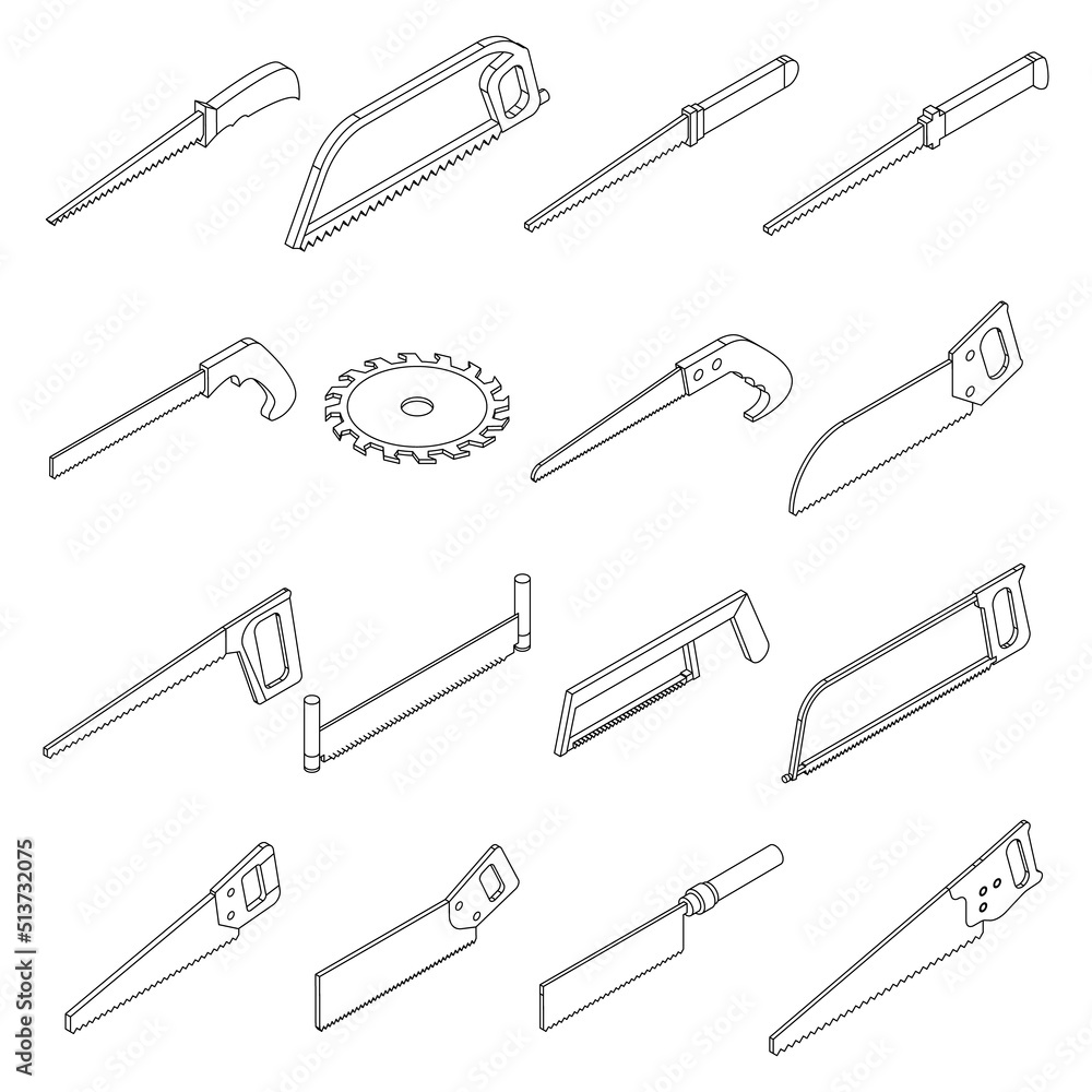 Saw icons set. Isometric set of saw vector icons thin line outline on white isolated Saw icons set. Isometric set of saw vector icons thin line outline on white isolated