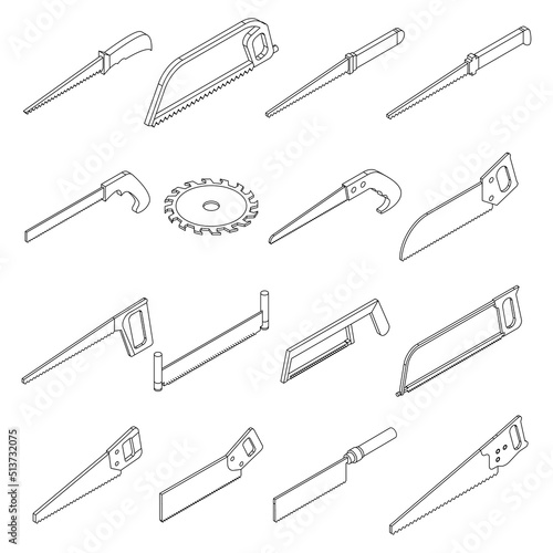 Saw icons set. Isometric set of saw vector icons thin line outline on white isolated