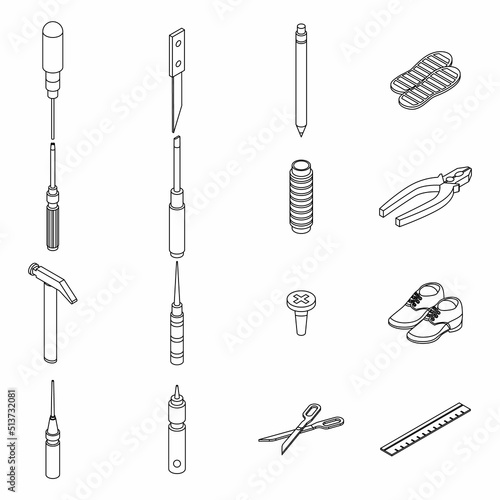 Shoe repair icons set. Isometric set of shoe repair vector icons thin line outline on white isolated