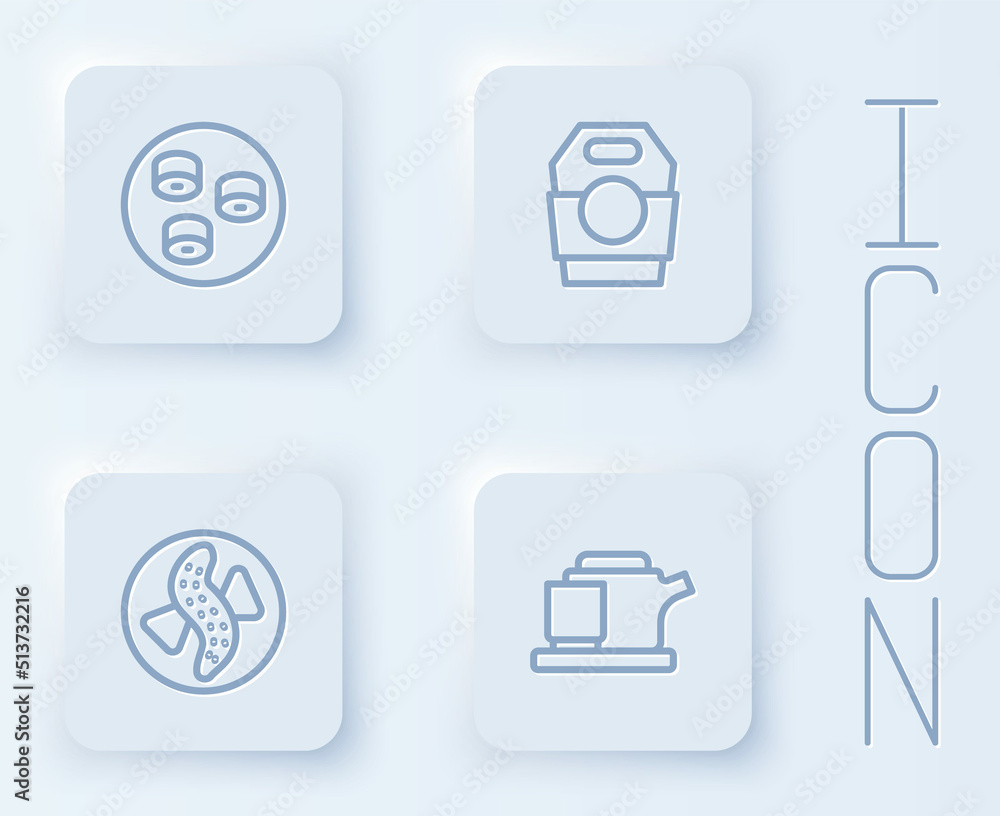 Set line Sushi, Asian noodles in paper box, Served cucumber on plate and Traditional tea ceremony. White square button. Vector Set line Sushi, Asian noodles in paper box, Served cucumber on plate and Traditional tea ceremony. White square button. Vector