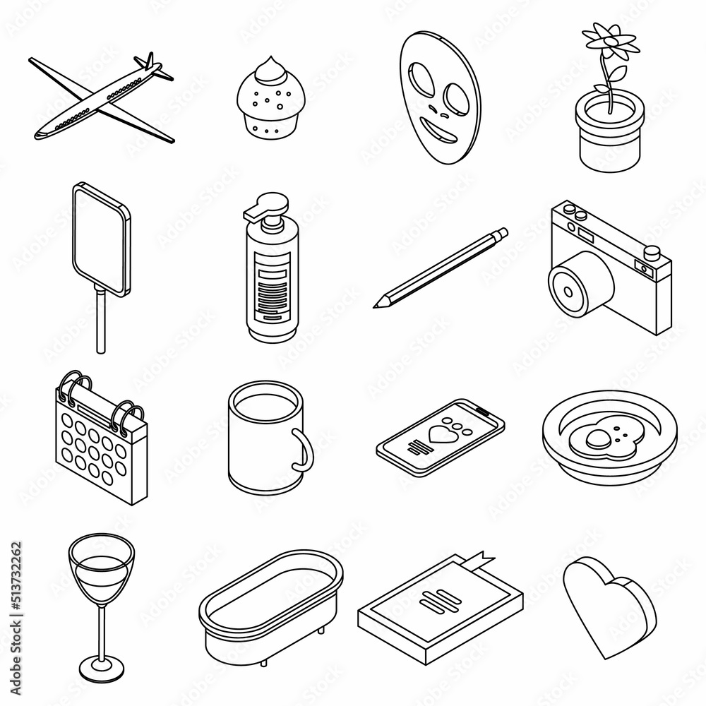 Self-care icons set. Isometric set of self-care vector icons thin line outline on white isolated Self-care icons set. Isometric set of self-care vector icons thin line outline on white isolated