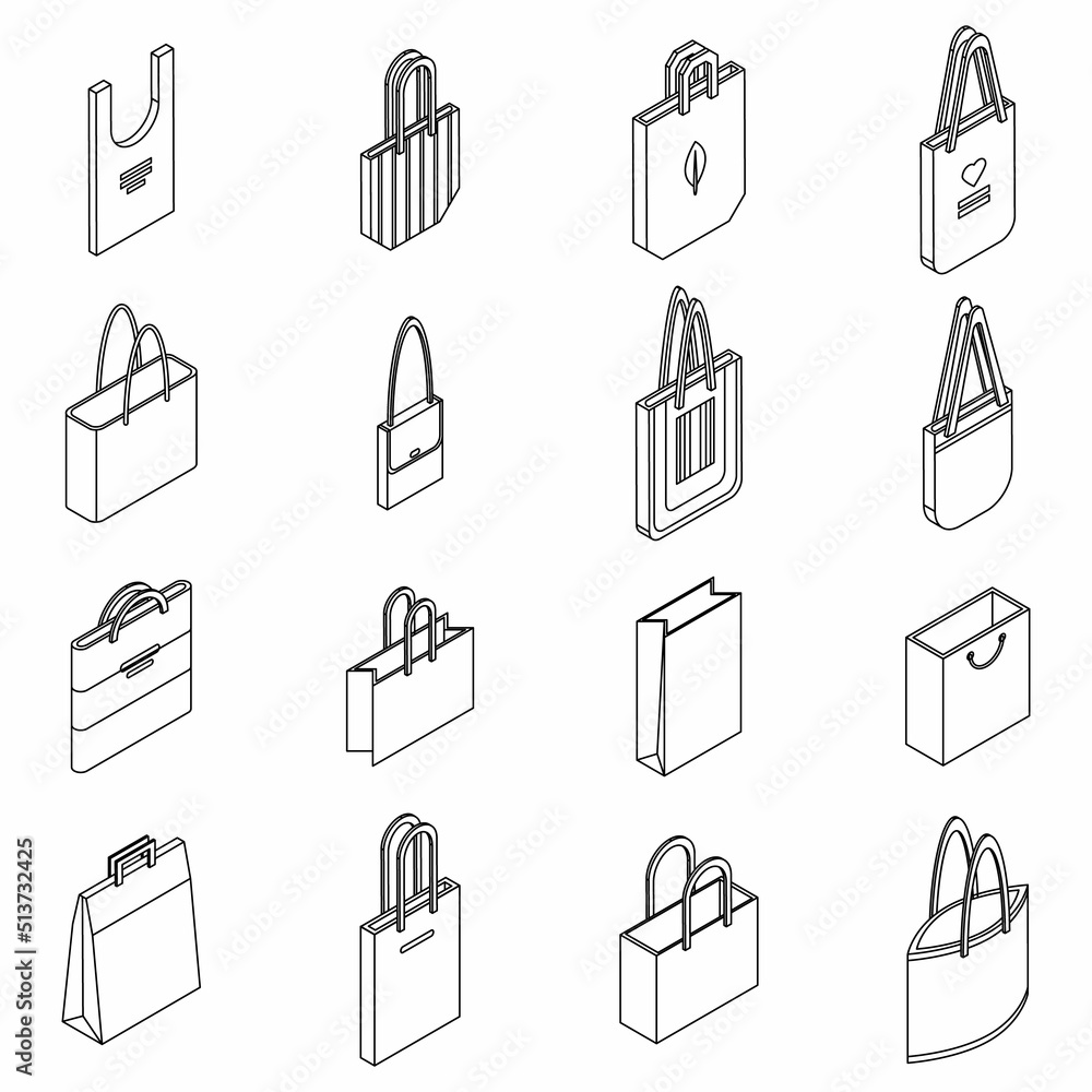 Eco bag icons set. Isometric set of eco bag vector icons thin line outline on white isolated Eco bag icons set. Isometric set of eco bag vector icons thin line outline on white isolated