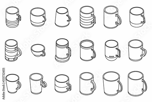 Mug icons set. Isometric set of mug vector icons thin line outline on white isolated