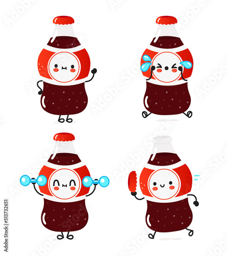 Funny cute happy Cola soda characters bundle set. Vector hand drawn doodle style cartoon character illustration icon design. Cute Cola soda mascot character collection